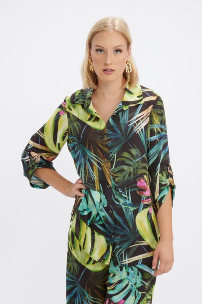 Green/Black Tropical Print Blouse Product Image