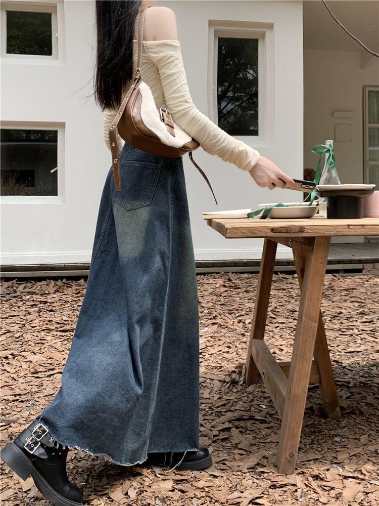 High Rise Frayed Denim Maxi A-Line Skirt Product Image