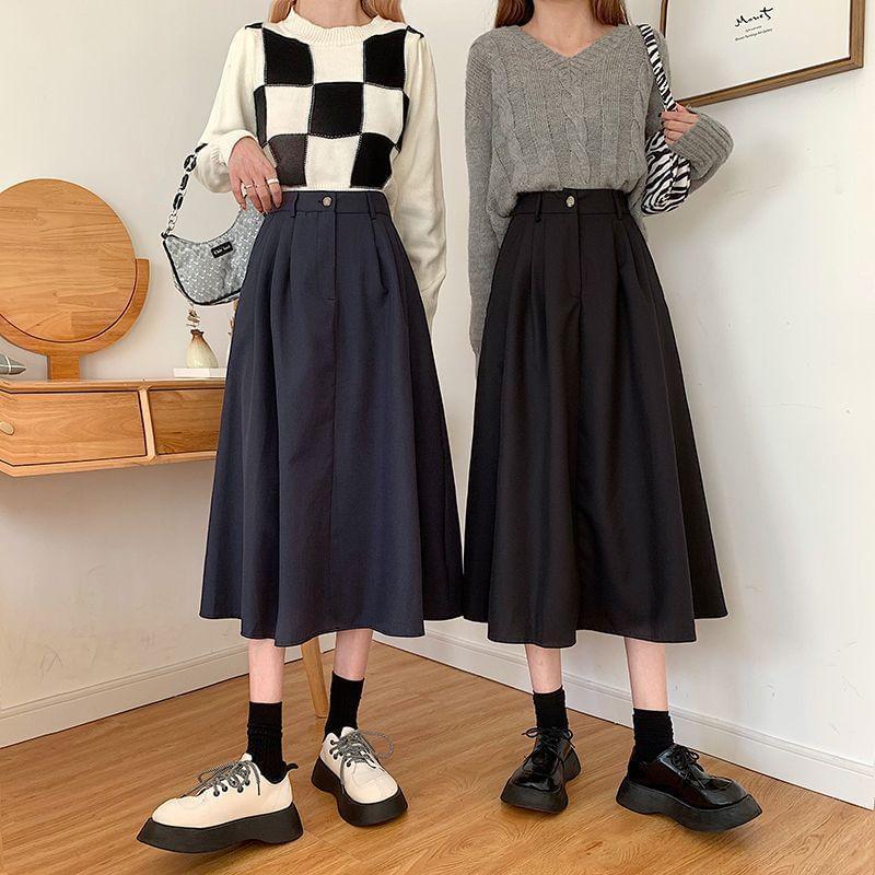 High Waist Plain Midi A-Line Skirt Product Image