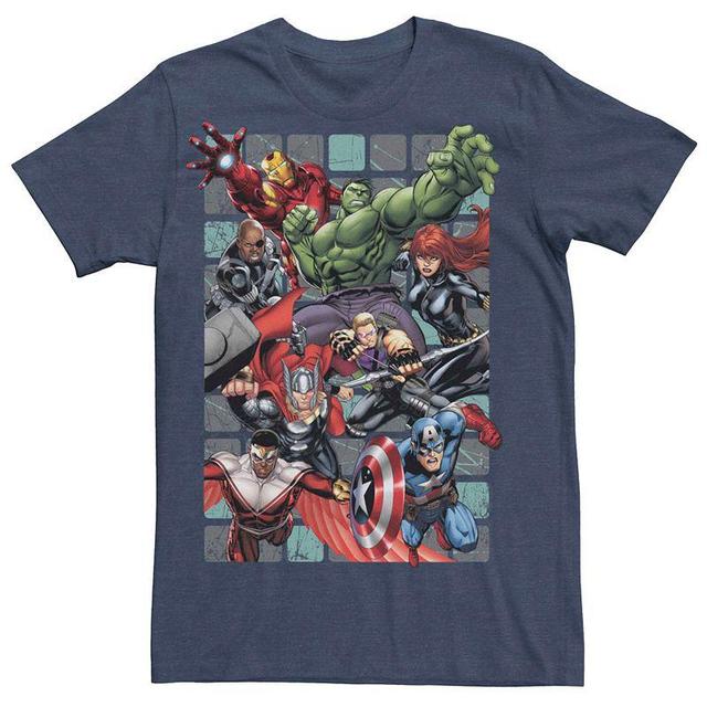 Mens Marvel Retro Avengers Assembled Group Squares Tee Navy Grey Product Image