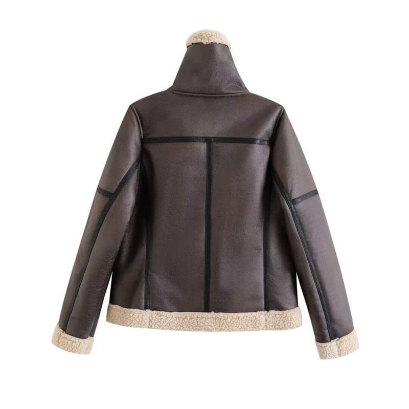 Fleece-Lined Faux Leather Belted Zip Biker Jacket Product Image