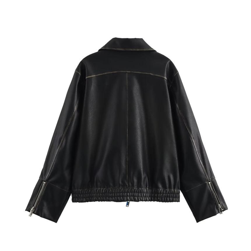 Stand Collar Faux Leather Zipper Cropped Jacket Product Image