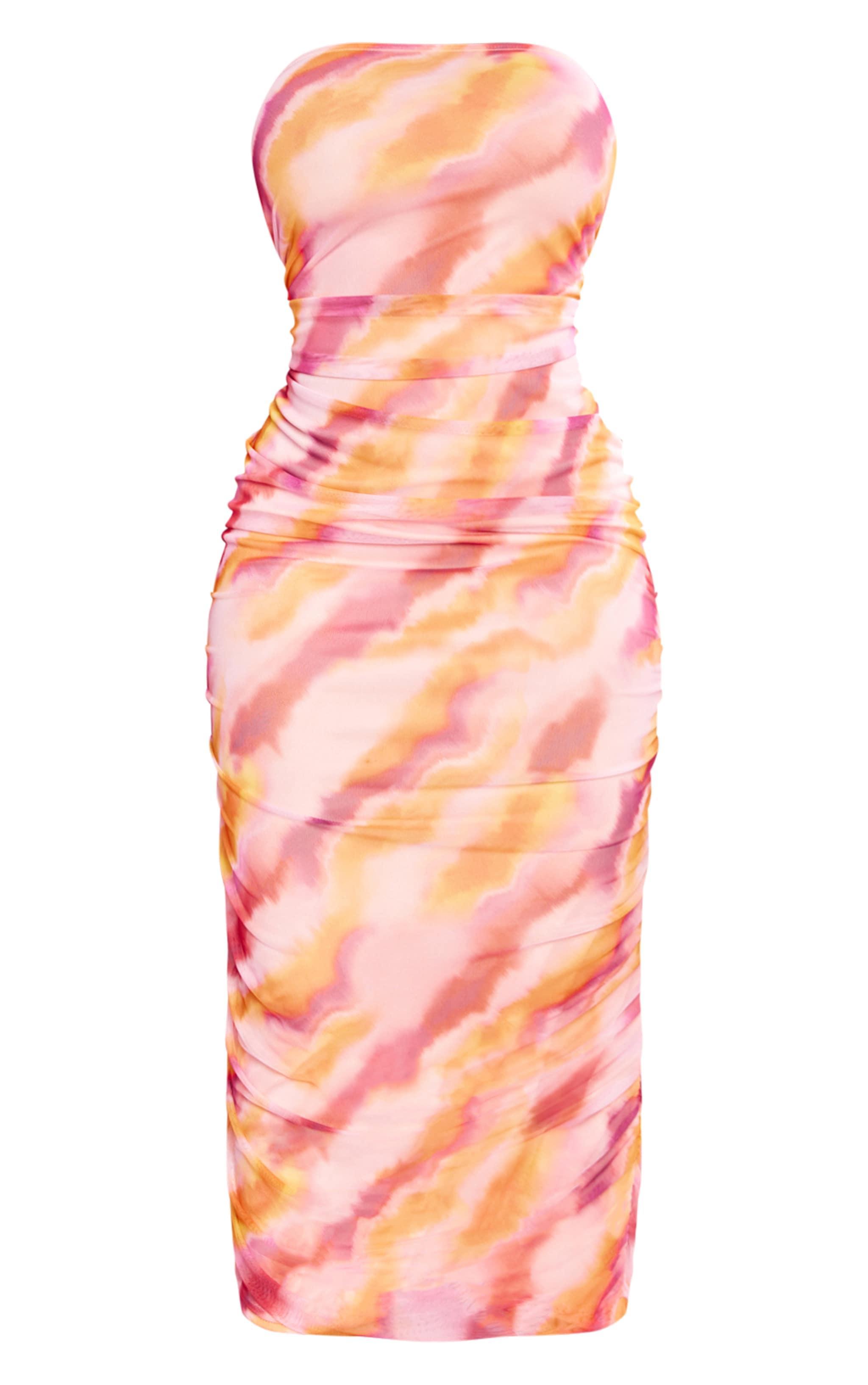  Plus Bright Pink Printed Mesh Bandeau Ruched Midaxi Dress Product Image