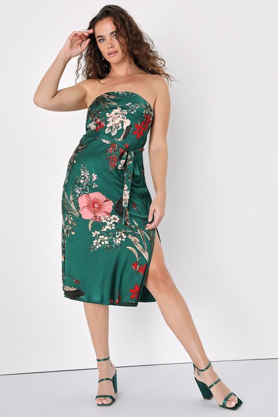 Seasonal Bliss Emerald Floral Print Satin Strapless Midi Dress Product Image