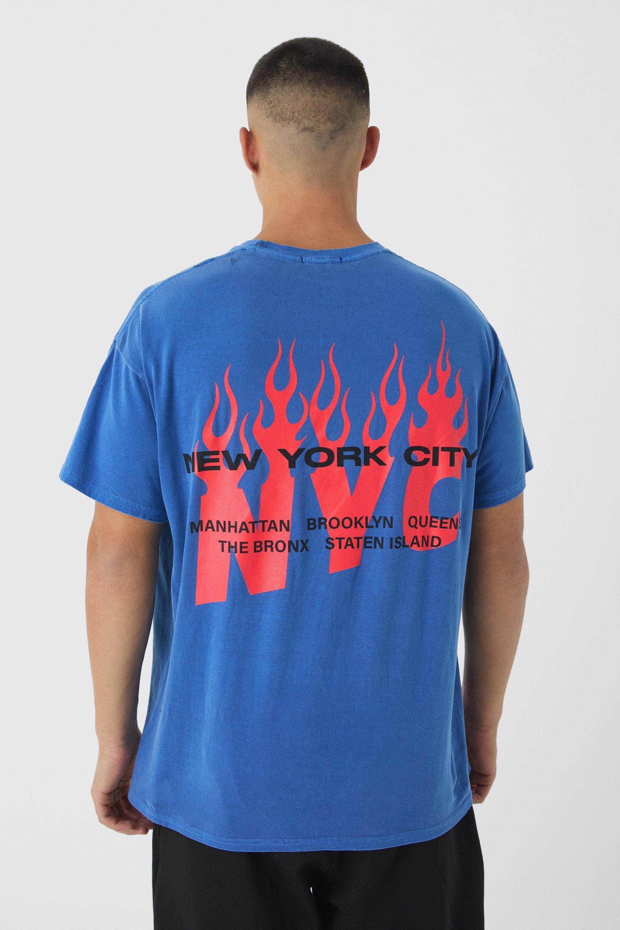 Oversized NYC Washed Flame Back Print T-Shirt | boohooMAN USA Product Image