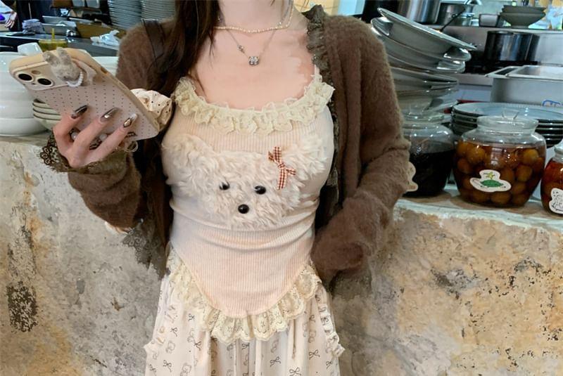 Plain Lace Trim Cardigan / Dog Embroidered Camisole Top / Drawstring Waist Bow Print Wide Leg Pants Product Image