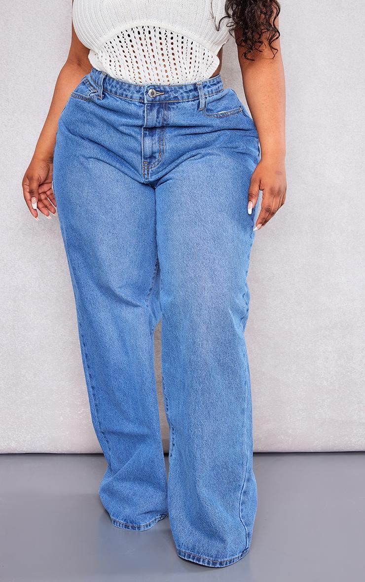 Plus Mid Blue Wash Mid Rise Straight Leg Jeans Product Image