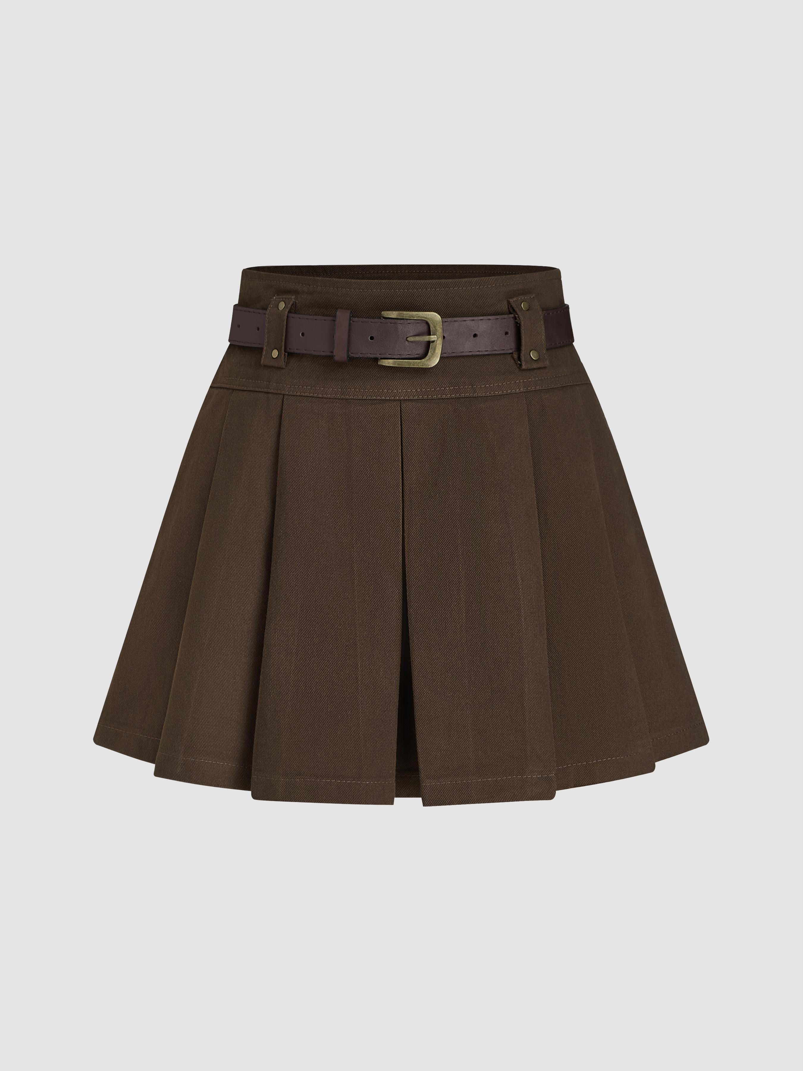 Mid Waist Solid Pleated Skort with Belt Product Image