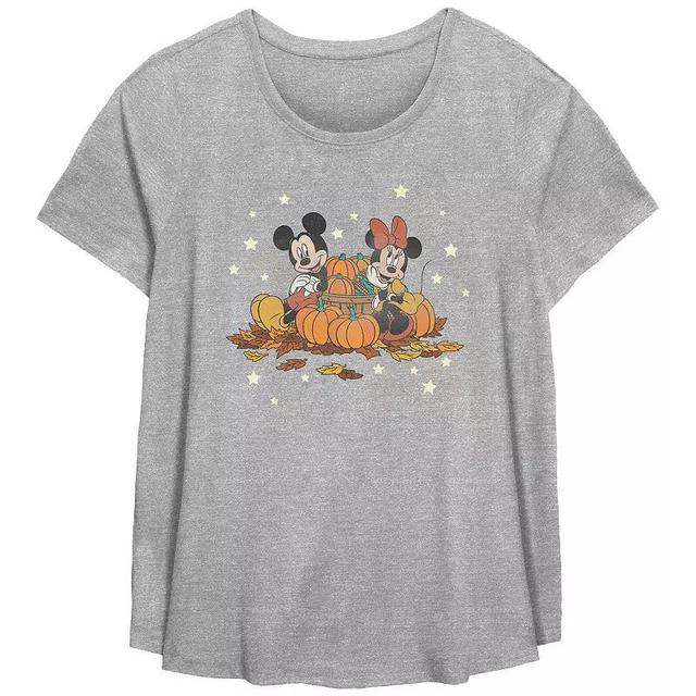 Disneys Mickey Mouse And Minnie Mouse Pumpkin Harvest Plus Size Flowy Graphic Tee, Womens Grey Gray Product Image