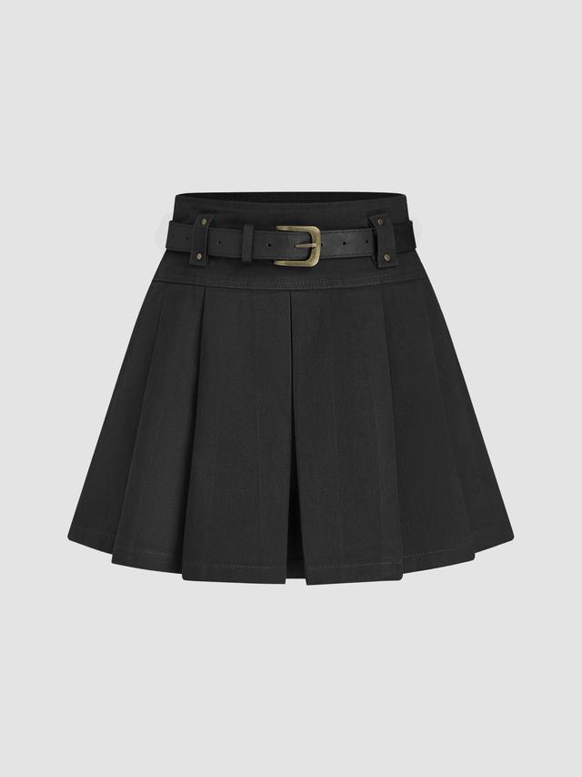 Mid Waist Solid Pleated Skort with Belt Product Image