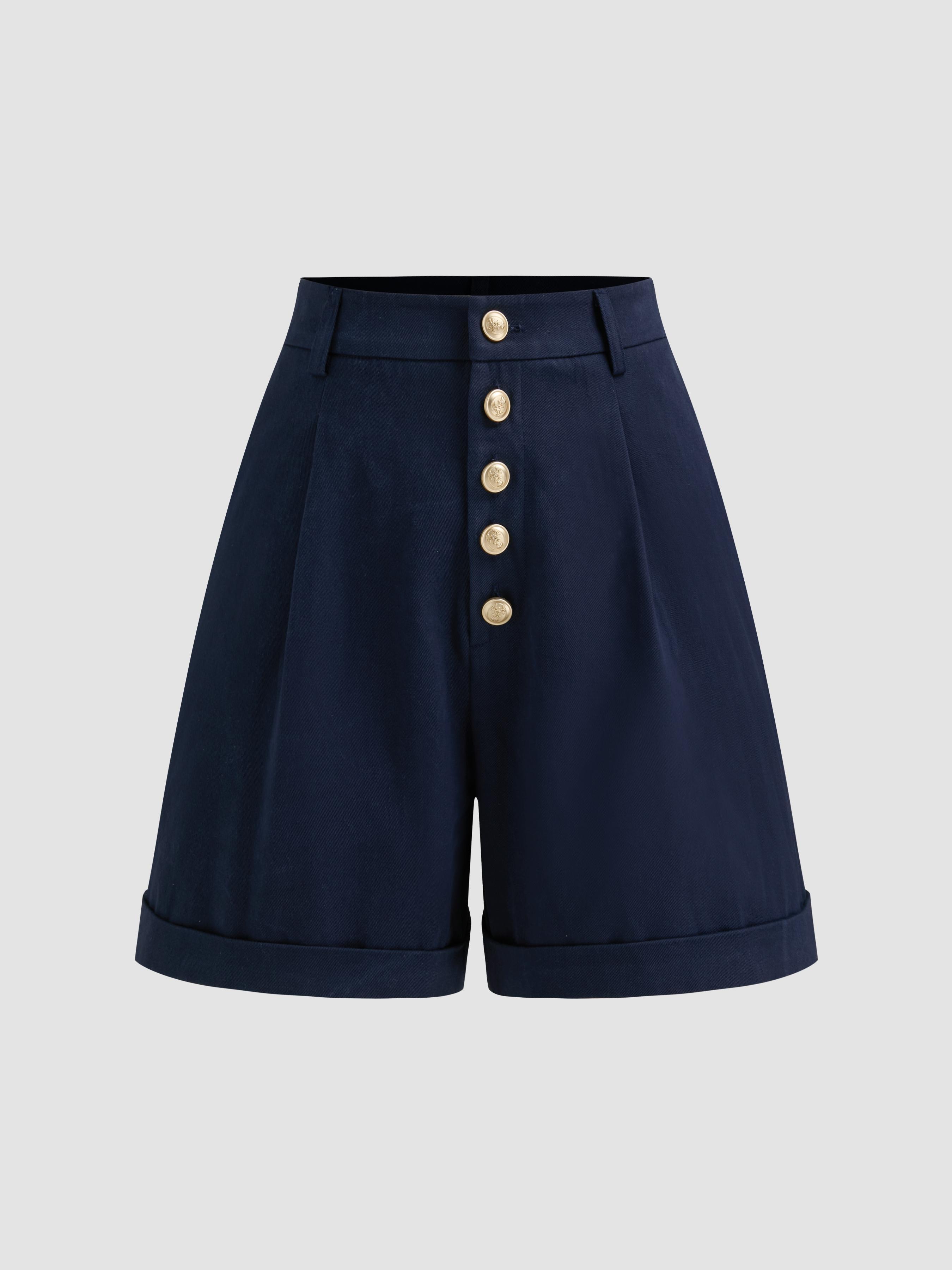 100% Cotton Mid Rise Solid Button Pocket Roll Hem Shorts Product Image