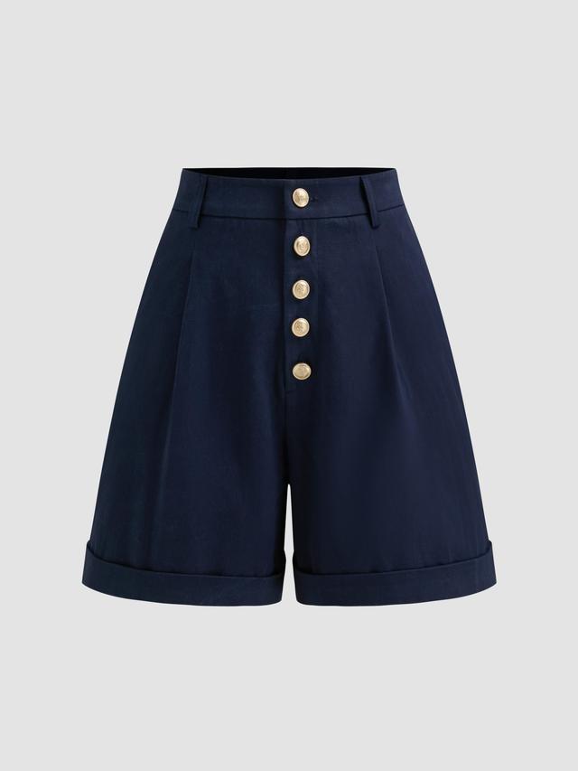 100% Cotton Mid Rise Solid Button Pocket Roll Hem Shorts Product Image