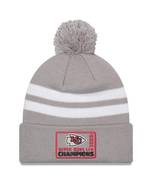 Mens New Era Gray Kansas City Chiefs Super Bowl Lvii Champions Top Stripe Cuffed Pom Knit Hat Product Image