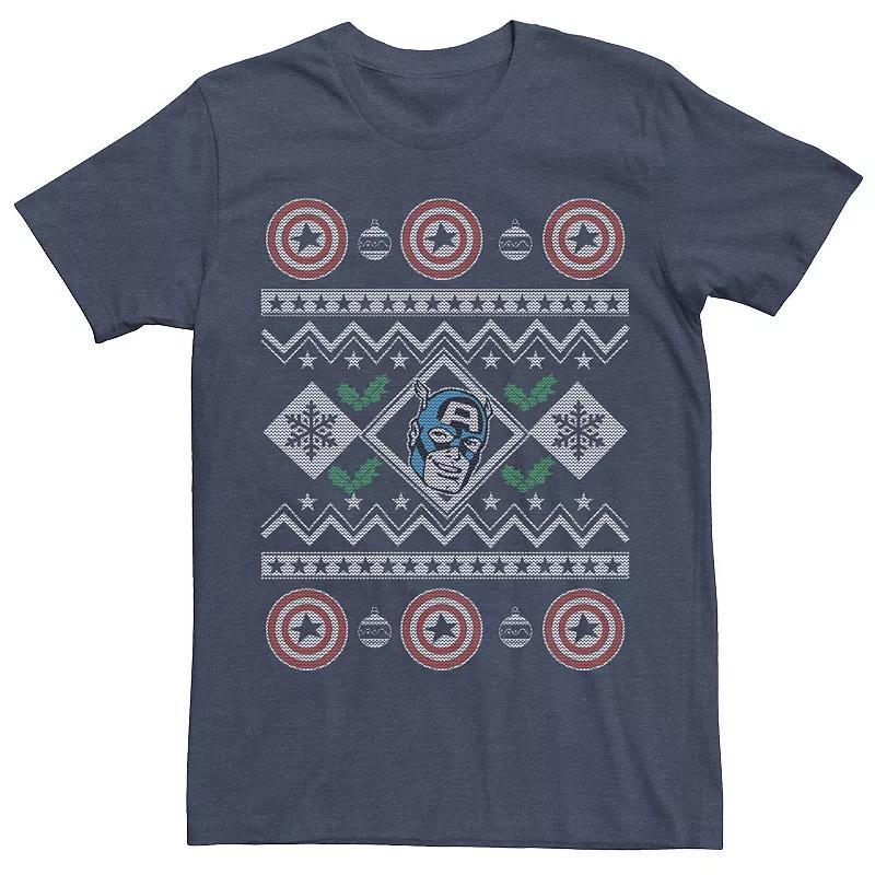 Mens Marvel Captain America Retro Ugly Christmas Sweater Short Sleeve Tee Navy Grey Product Image