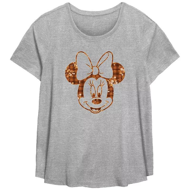 Disneys Minnie Mouse Plaid Floral Print Plus Size Flowy Graphic Tee, Womens Grey Gray Product Image