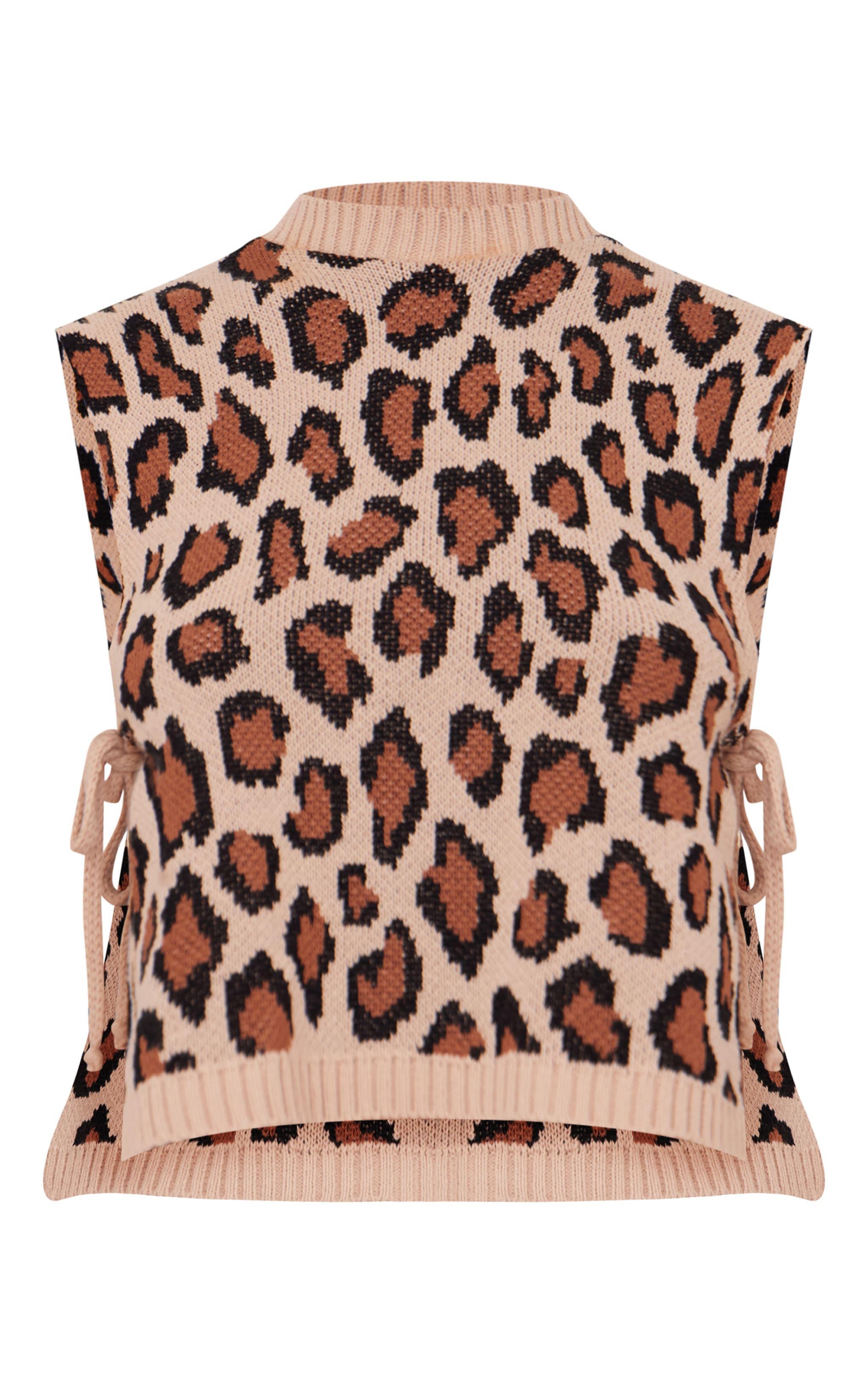 Brown Leopard Print Split Side Knitted Vest Product Image