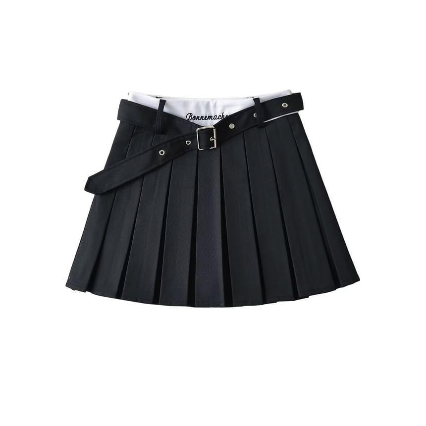 Set: High Rise Lettering Embroidered Pleated Mini A-Line Skirt + Belt Product Image