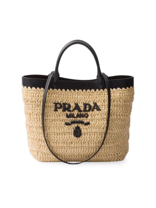 Leather-trimmed Woven Tote Bag In Beige Khaki Product Image