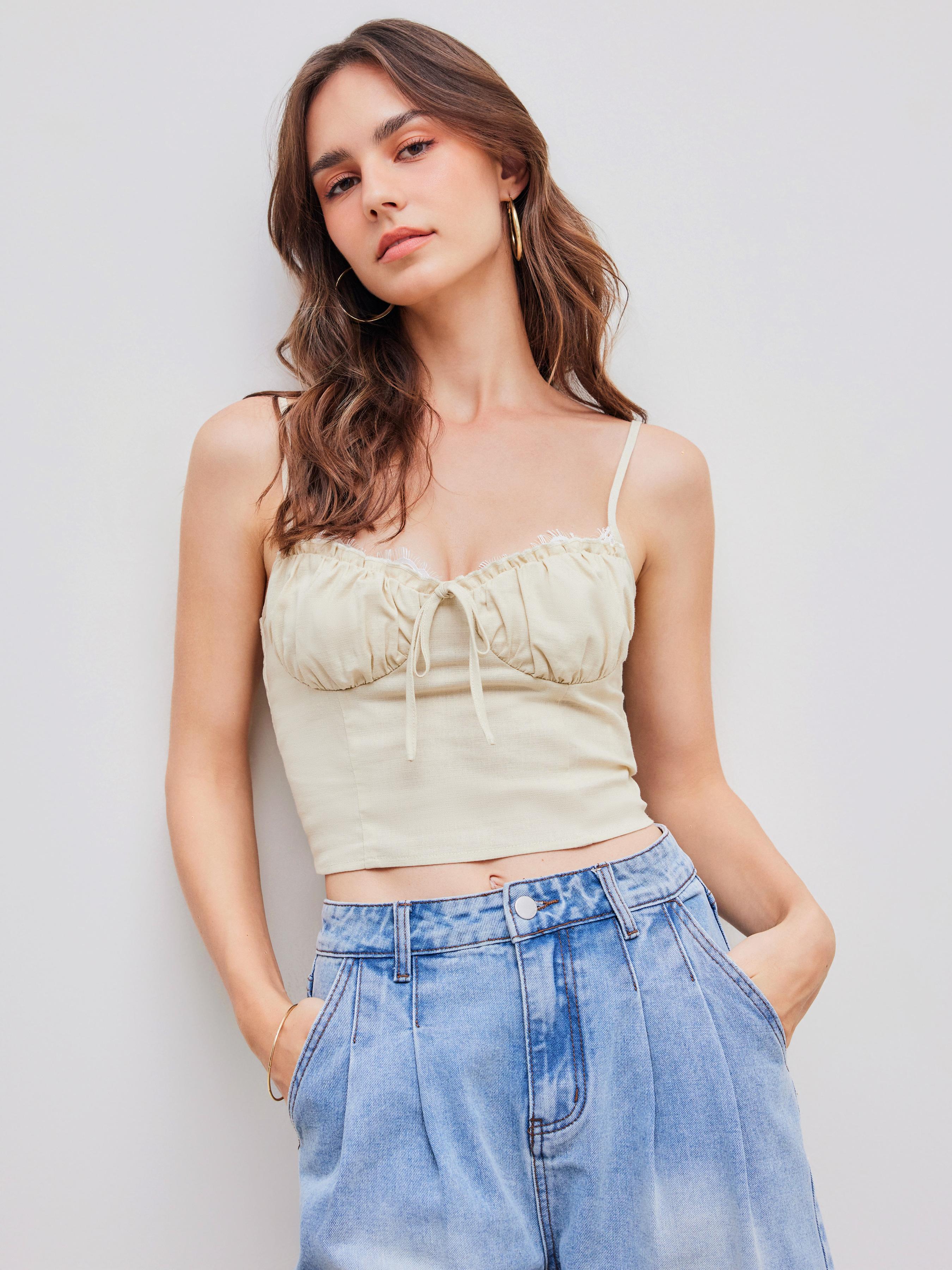 V-neck Solid Knotted Ruched Crop Cami Top Product Image