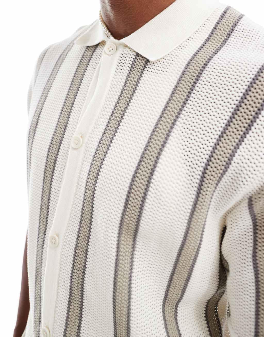 Bershka crochet striped shirt in white Product Image