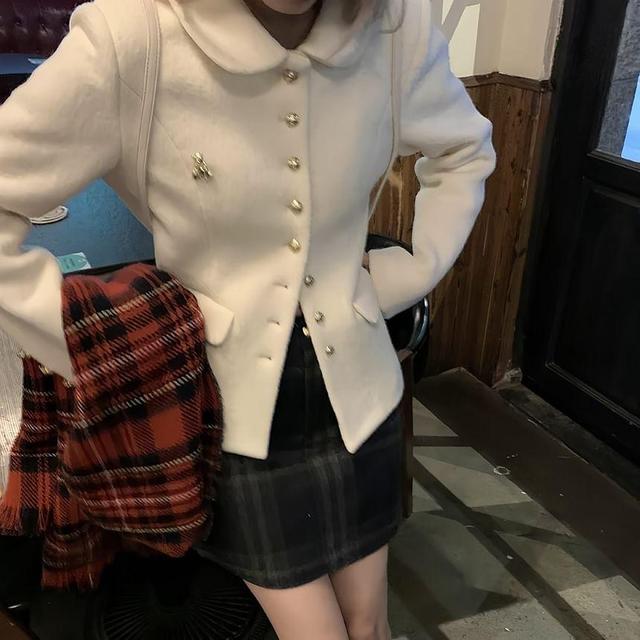 Plain Single-Breasted Jacket / High Rise Plaid Mini H-Line Skirt Product Image