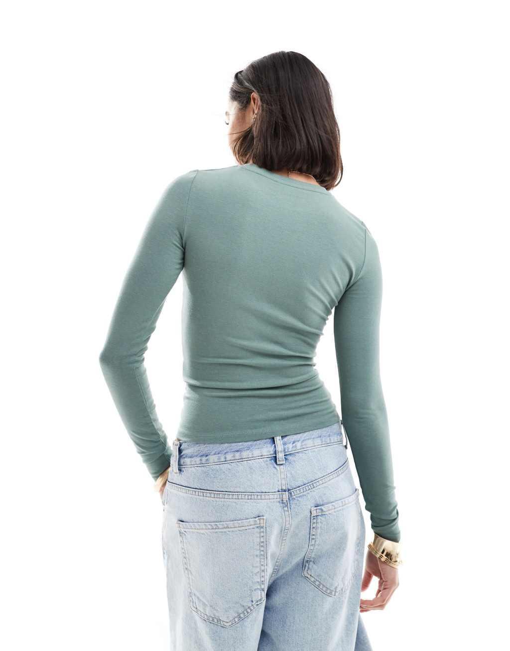 Cotton On rib crew long sleeve top in washed jade green  Product Image