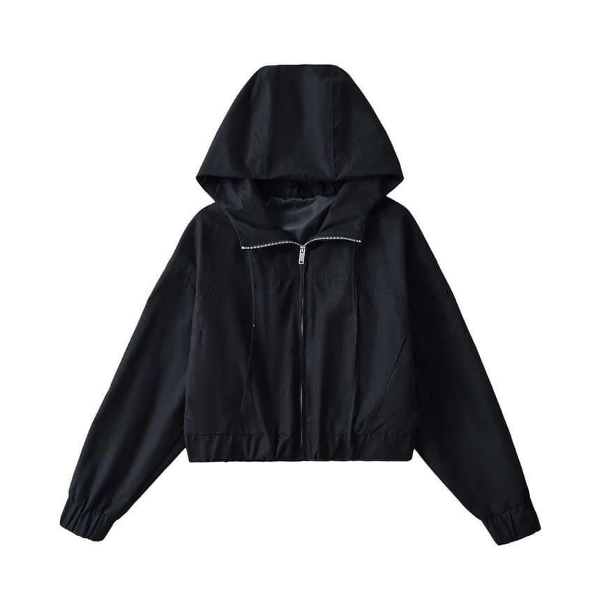 Hooded Plain Zip Up Jacket Product Image