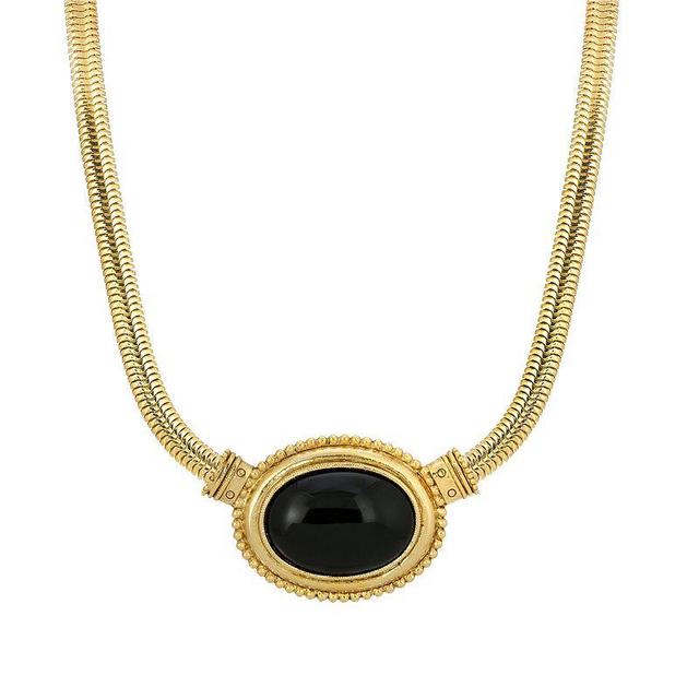 1928 Gold Tone Oval Stone Pendant Necklace, Womens Black Product Image