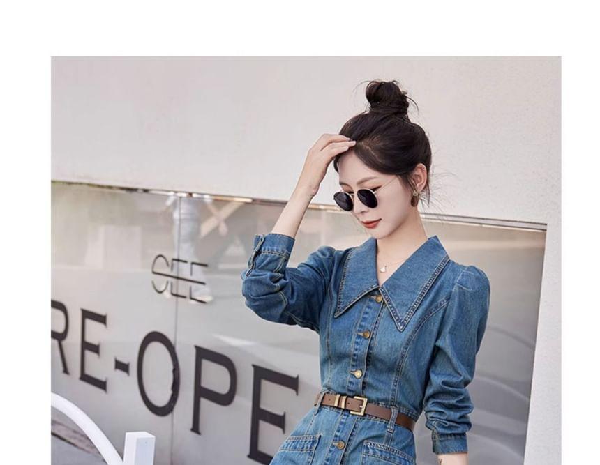 Long-Sleeve Washed Denim Maxi A-Line Shirt Dress Product Image