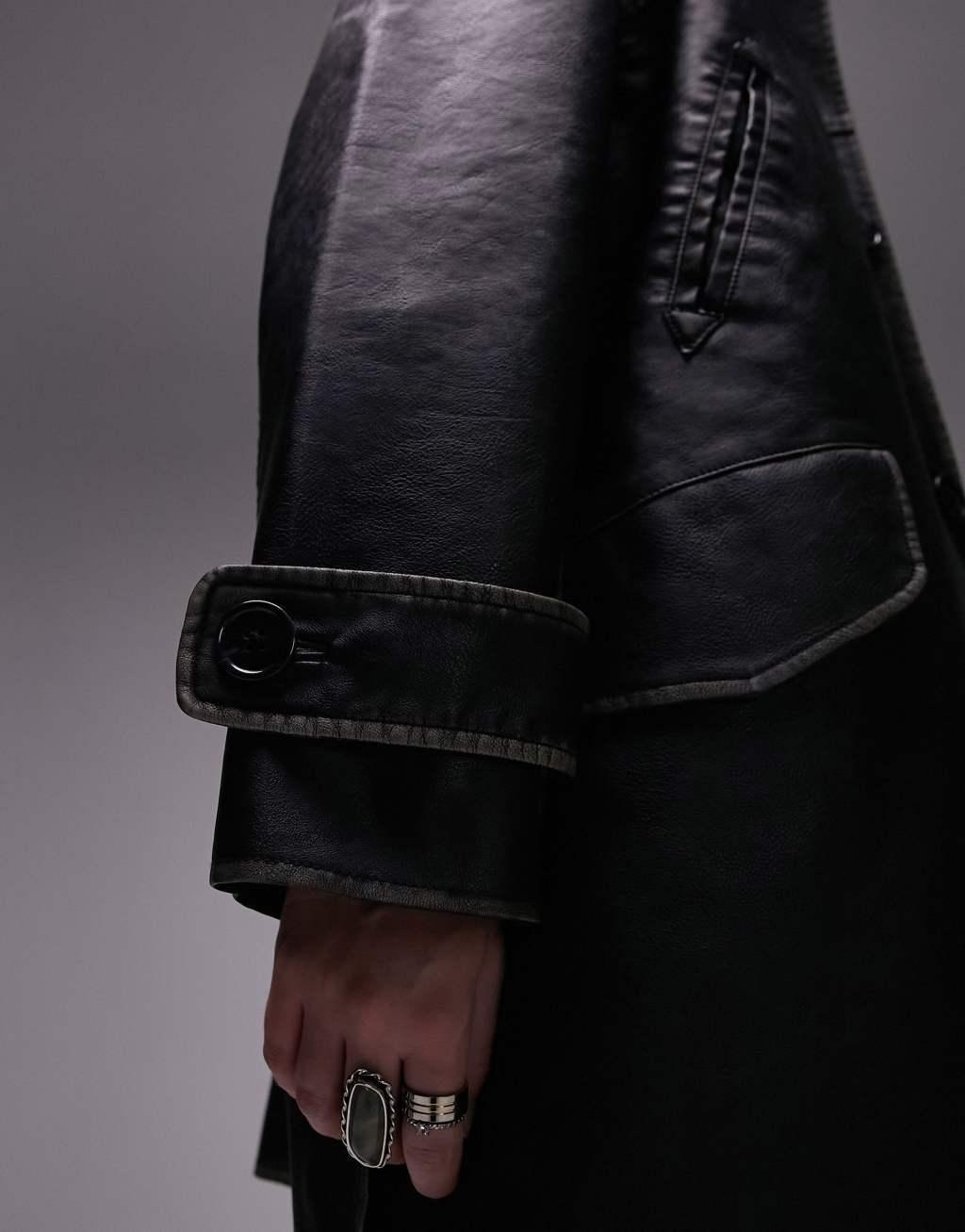 Topshop faux leather mid length coat in washed black Product Image