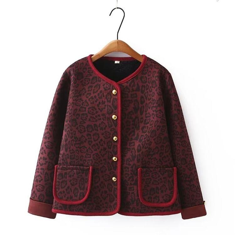 Plus Size Leopard Print Fleece-Lined Button Jacket Product Image