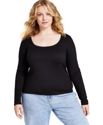 Trendy Plus Size Scoop-Neck Long-Sleeve Jersey Top, Created for Macy's Product Image