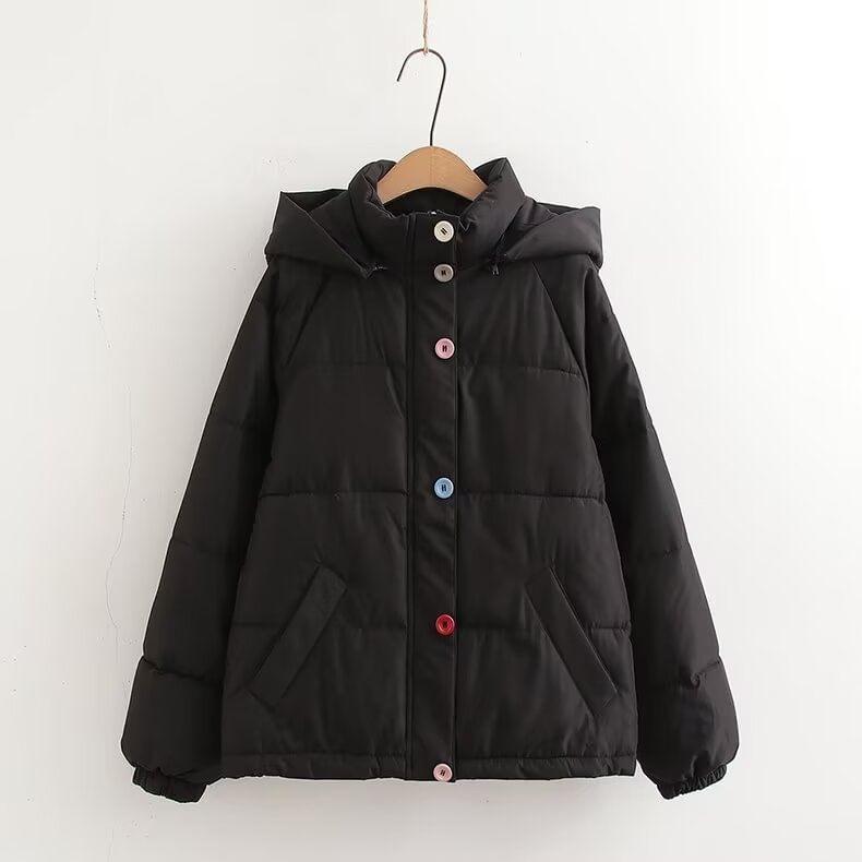 Hooded Stand Collar Button Up Puffer Jacket Product Image