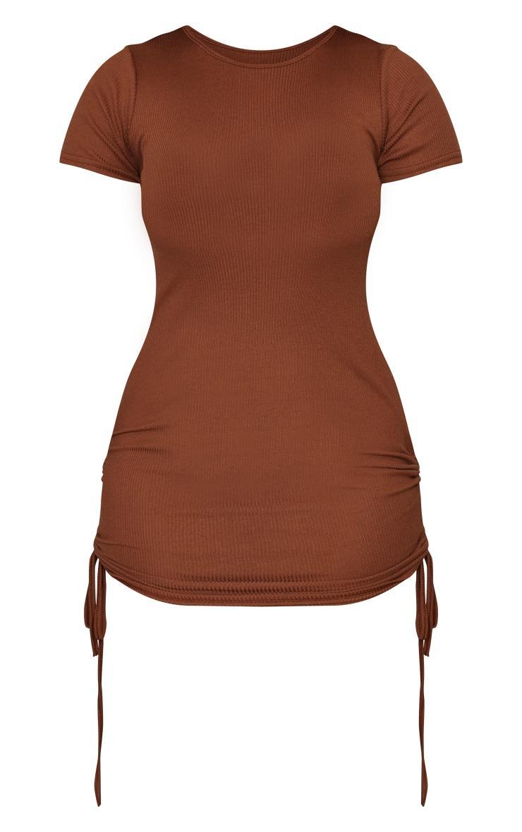 Shape Chocolate Brown Rib Short Sleeve Ruched Side Bodycon Dress Product Image