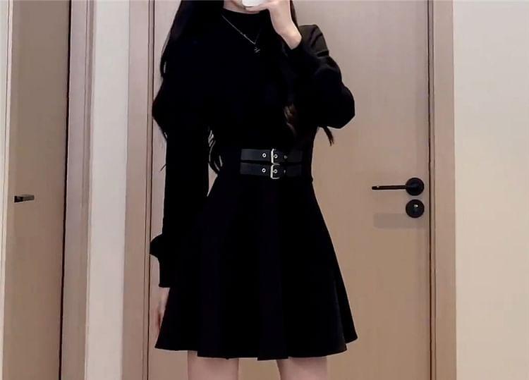 Long Sleeve Mock Neck Plain Belted Mini A-Line Dress Product Image