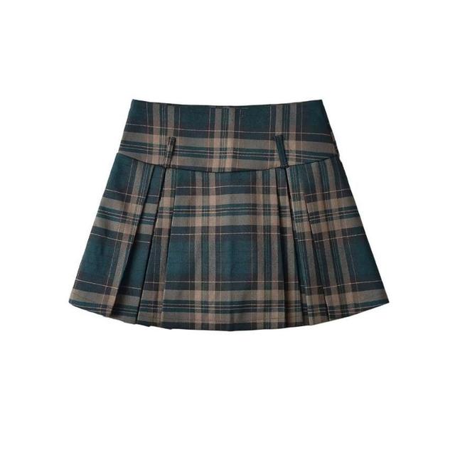 High Rise Plaid Pleated Mini A-Line Skirt Product Image