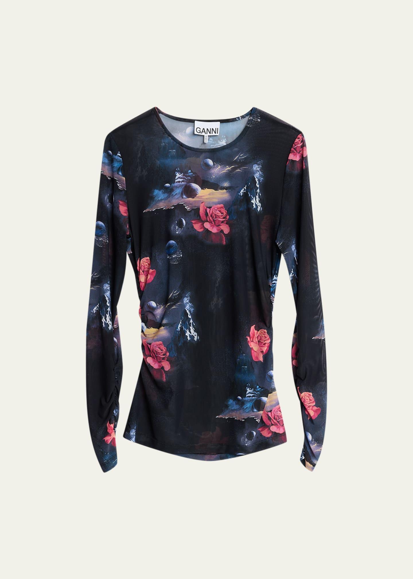 Ganni Celestial Floral Print Long Sleeve Mesh Top Product Image