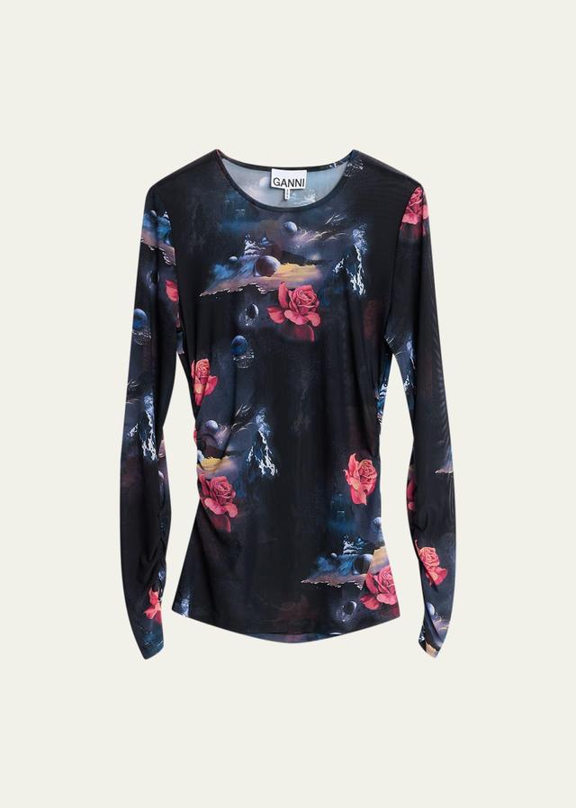 Long-Sleeve Printed Mesh Blouse Product Image