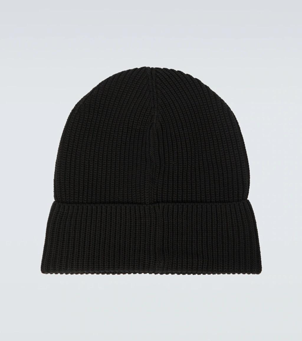 Black Logo Ribbed Knit Beanie Hat Product Image