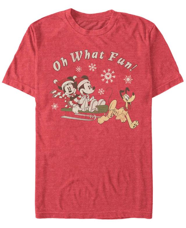 Disneys Mickey, Minnie And Pluto Oh What Fun! Christmas Sled Mens Tee Red Grey Product Image