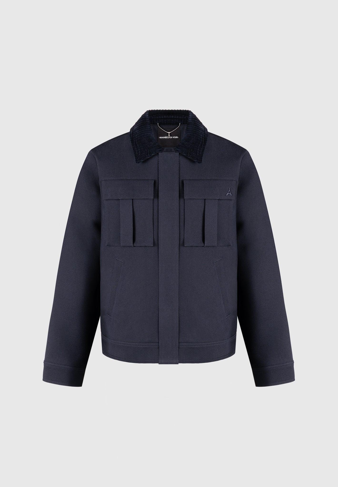 Twill Trucker Jacket with Velvet Collar - Navy Male Product Image