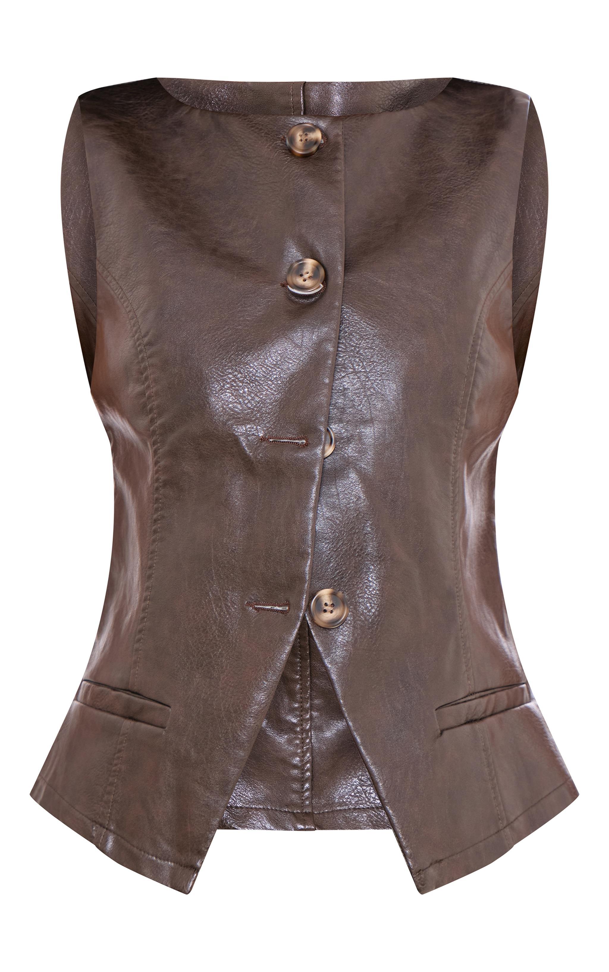 Brown Faux Leather Boat Neck Vest Product Image