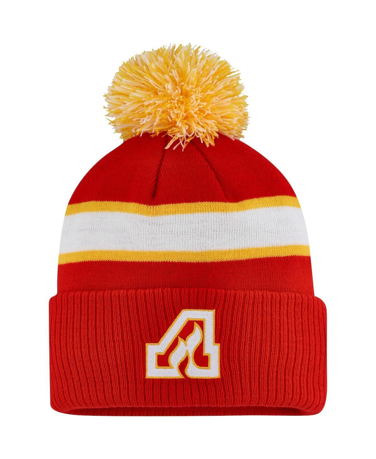 Mens adidas Red Calgary Flames Team Classics Striped Cuffed Knit Hat with Pom Product Image