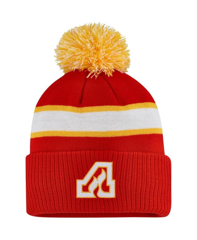 Mens adidas Red Calgary Flames Team Classics Striped Cuffed Knit Hat with Pom Product Image