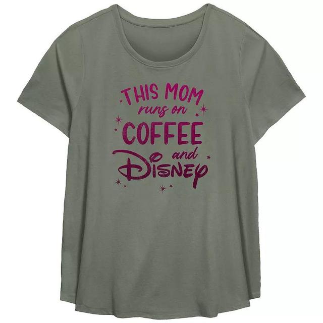 Disney This Mom Runs On Coffee And Disney Plus Size Scoop Hem Flowy Graphic Tee, Womens Green Product Image