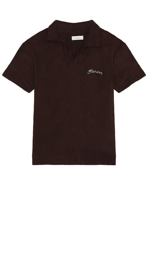 FLANEUR Signature Knit Polo in Chocolate. Size S. Product Image