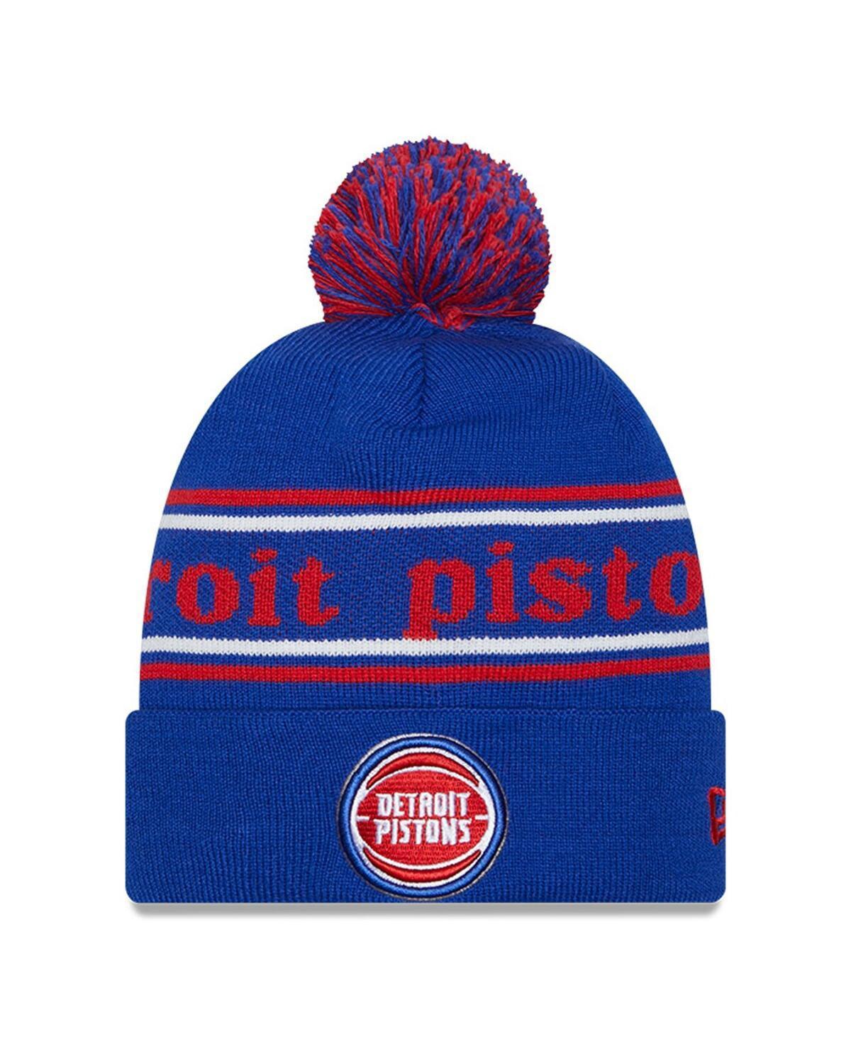 Mens New Era Blue Detroit Pistons Marquee Cuffed Knit Hat with Pom Product Image