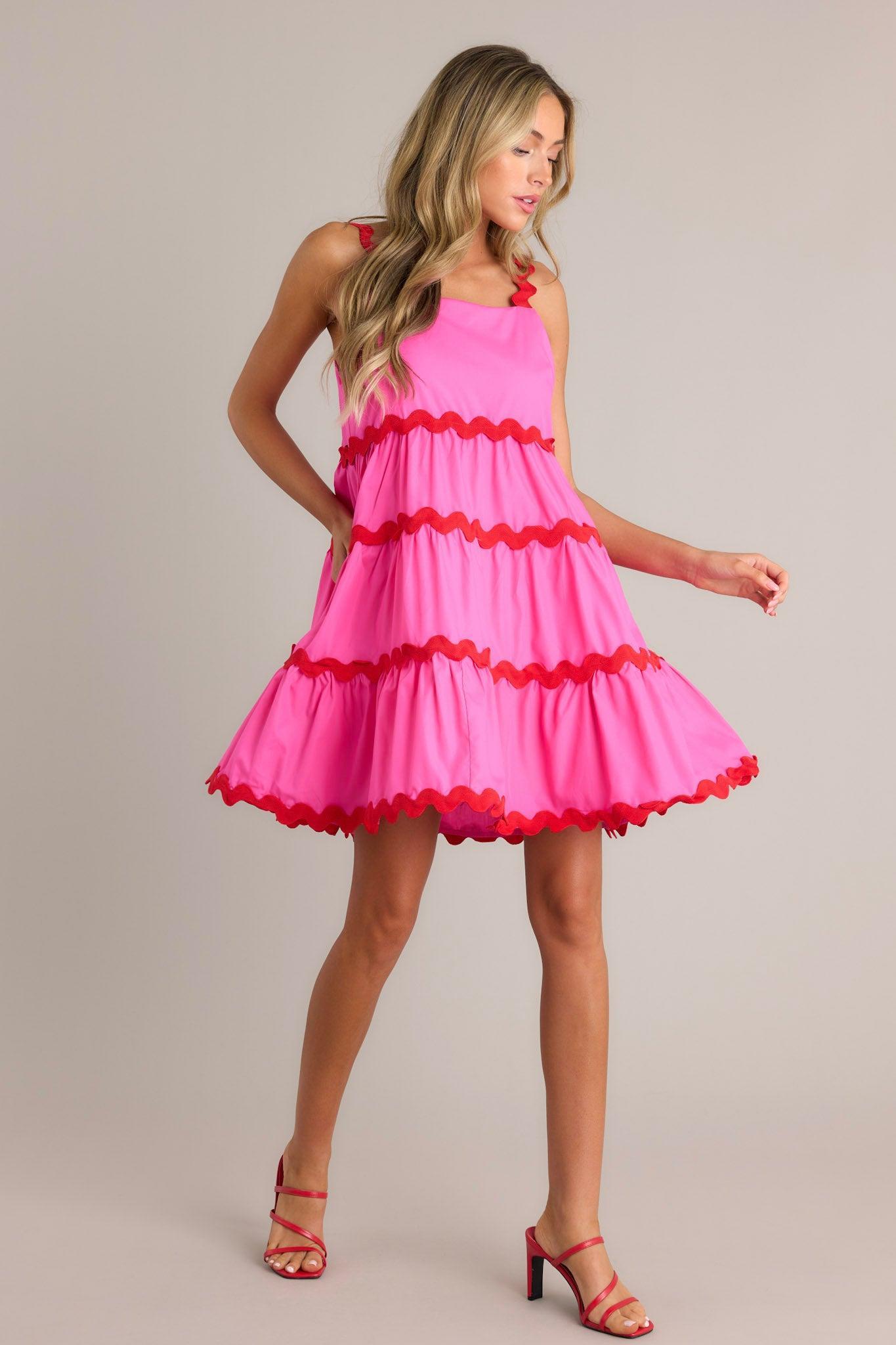 Live In The Moment Hot Pink Ricrac Mini Dress Product Image