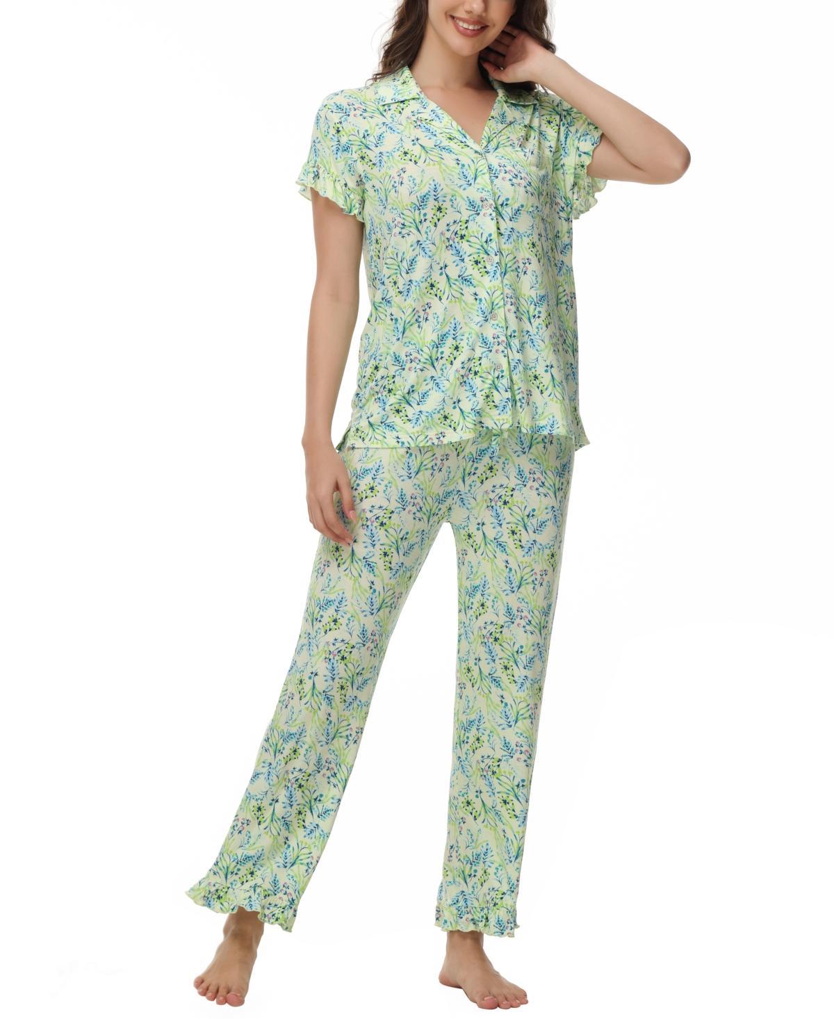 C. Wonder Womens Printed Notch Collar Short Sleeve with Ruffle and Pants 2 Pc. Pajama Set Product Image