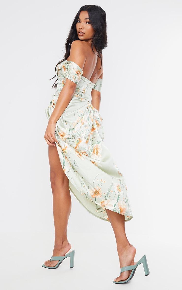 Sage Green Floral Print Satin Draped Bardot Midi Dress Product Image